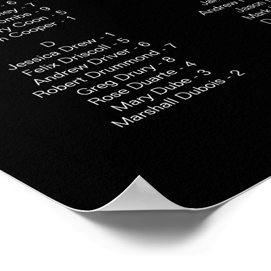 JOVI Zwart Alfabetisch Bruiloft Zitkaarten Poster (Hoek)
