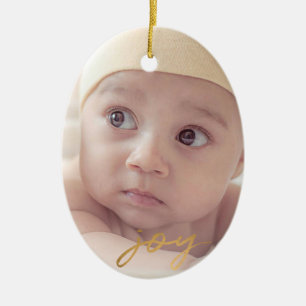 Joy 2 Foto Gold Hand Lettert met Kerstmis Keramisch Ornament