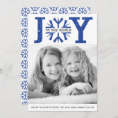 Joy aan de wereld: blauwe sneeuwvlok kerstmis feestdagenkaart (Voorkant / Achterkant)