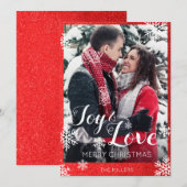 Joy and Love Red Glitter Sneeuwvlokken Kerst Kaart (Voorkant / Achterkant)