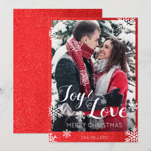 Joy and Love Red Glitter Sneeuwvlokken Kerst Kaart (Voorkant / Achterkant)