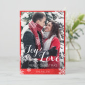 Joy and Love Red Glitter Sneeuwvlokken Kerst Kaart (Staand voorkant)