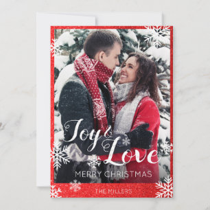 Joy and Love Red Glitter Sneeuwvlokken Kerst Kaart