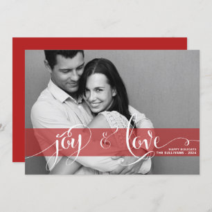 Joy and Love Rustic Script Red Christmas Foto Feestdagenkaart