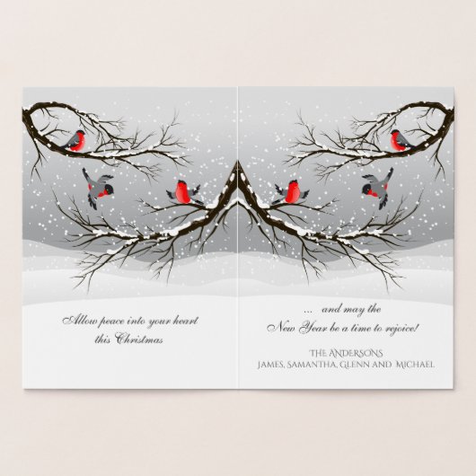 Joy and Peace Red Kerstvogels in Snowy Tree Folie Kaarten (Binnen)