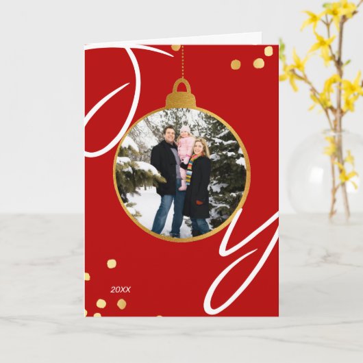 Joy Bauble Gepersonaliseerde Foto Gold Foil Kerstm Kaart (Gele Bloem)