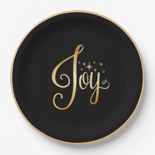 "Joy" Black Gold Script Elegant Holiday Papieren Bordje (Voorkant)