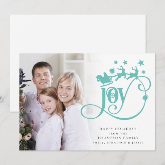 Joy Blauwgroen Santa Sleigh Script Feestdagenkaart (Voorkant / Achterkant)