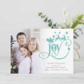 Joy Blauwgroen Santa Sleigh Script Feestdagenkaart (Staand voorkant)