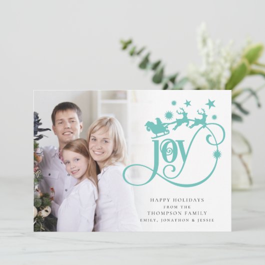 Joy Blauwgroen Santa Sleigh Script Feestdagenkaart (Staand voorkant)