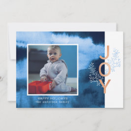 Joy | Blue Waterverf Wash Holiday Photo Card Feestdagenkaart