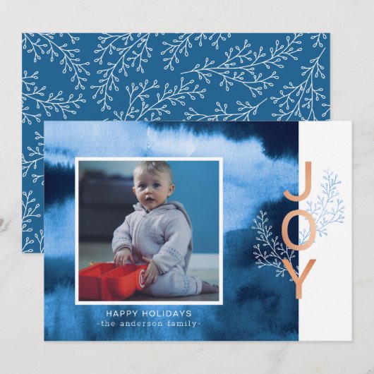 Joy | Blue Waterverf Wash Holiday Photo Card Feestdagenkaart (Voorkant / Achterkant)