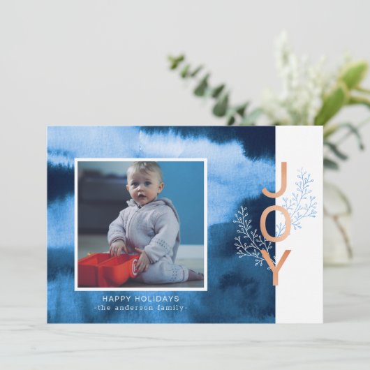 Joy | Blue Waterverf Wash Holiday Photo Card Feestdagenkaart (Staand voorkant)
