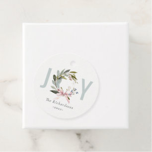 Joy Blush Blauw Groene Winter Kerst Krans Bedankjes Labels