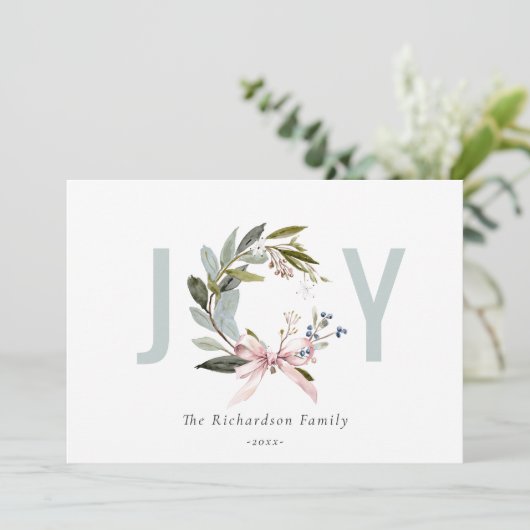 Joy Blush Blauw Groene Winter Kerst Krans Feestdagenkaart (Staand voorkant)
