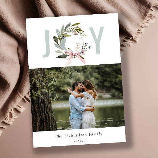Joy Blush Blauw Groene Winter Kerst Krans Foto Feestdagenkaart