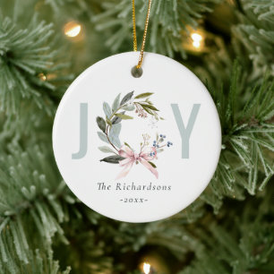 Joy Blush Blauw Groene Winter Kerst Krans Foto Keramisch Ornament