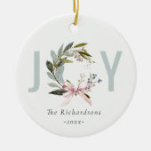 Joy Blush Blauw Groene Winter Kerst Krans Foto Keramisch Ornament (Voorkant)