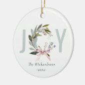 Joy Blush Blauw Groene Winter Kerst Krans Foto Keramisch Ornament (Links)