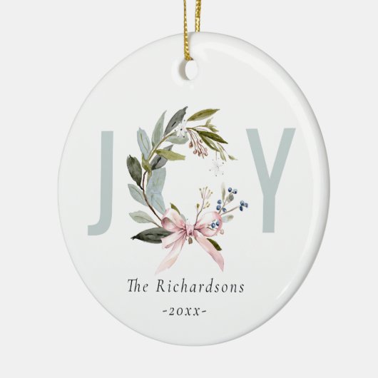 Joy Blush Blauw Groene Winter Kerst Krans Foto Keramisch Ornament (Links)