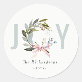Joy Blush Blauw Groene Winter Kerst Krans Ronde Sticker