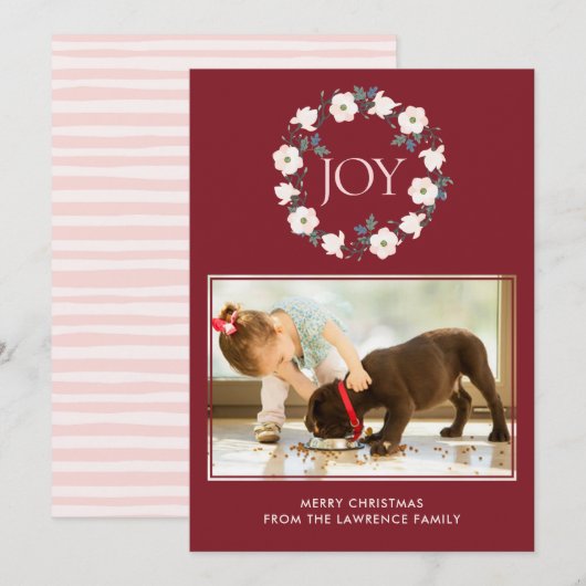 Joy Blush Bourgondië Floral krans Kerstmis Foto Feestdagenkaart (Voorkant / Achterkant)
