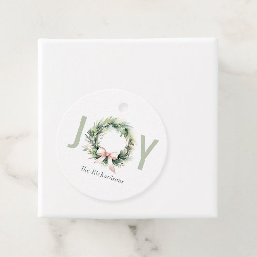 Joy Blush Green Christmas Krans Waterverf Bedankjes Labels (In situ)