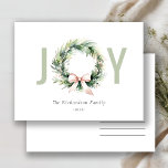 Joy Blush Green Christmas Krans Waterverf Feestdagenkaart<br><div class="desc">Als u nog meer aanpassingen nodig hebt,  kunt u mij op yellowfebstudio@gmail.com vrij klikken.</div>