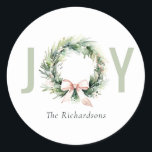 Joy Blush Green Christmas Krans Waterverf Ronde Sticker<br><div class="desc">Als u nog meer aanpassingen nodig hebt,  kunt u mij op yellowfebstudio@gmail.com vrij klikken.</div>