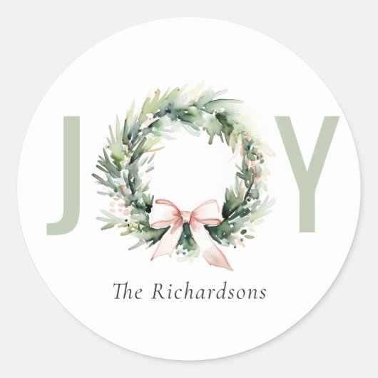 Joy Blush Green Christmas Krans Waterverf Ronde Sticker (Voorkant)
