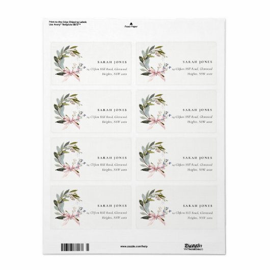 Joy Blush Green Winter Kerstkrans Adres Etiket (Full Sheet)