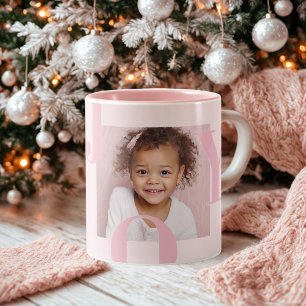 JOY Blush Roze Kerst Gepersonaliseerde Foto Tweekleurige Koffiemok