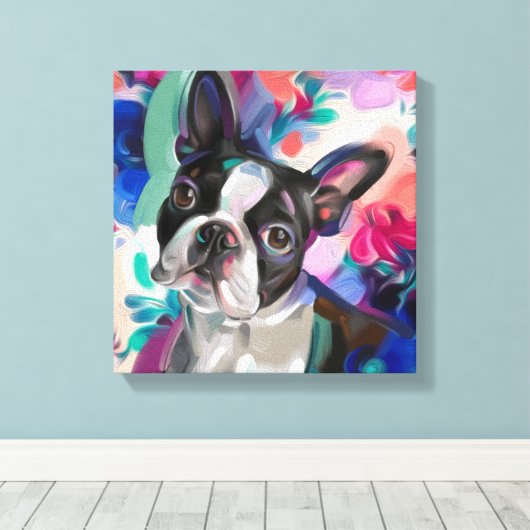 'Joy' Boston Terrier Hond Art print op doek (Insitu (Houten vloer))
