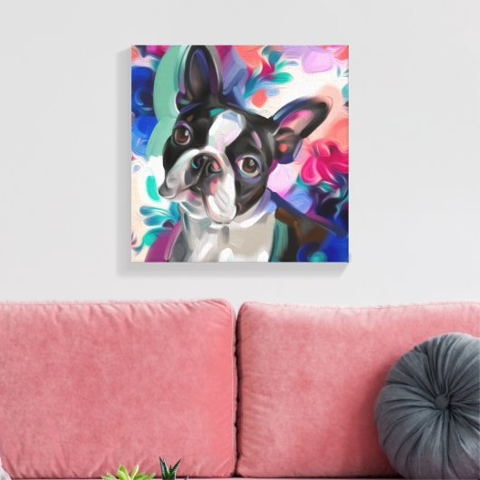 'Joy' Boston Terrier Hond Art print op doek (Insitu (Woonkamer))