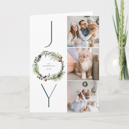 JOY Botanische Pine Krans Foto Collage Kerstmis Feestdagen Kaart (Voorkant)