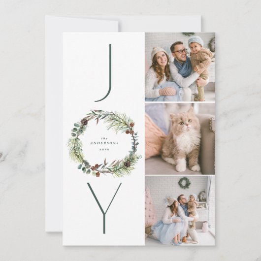 JOY Botanische Pine Krans Foto Collage Kerstmis Feestdagenkaart (Voorkant)