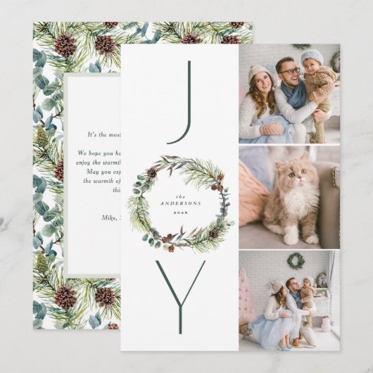 JOY Botanische Pine Krans Foto Collage Kerstmis Feestdagenkaart (Voorkant / Achterkant)