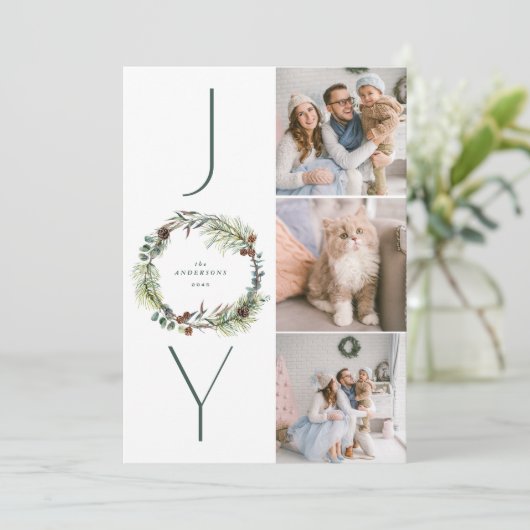 JOY Botanische Pine Krans Foto Collage Kerstmis Feestdagenkaart (Staand voorkant)