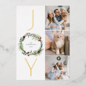 JOY Botanische Pine Krans Foto Collage Kerstmis Folie Feestdagenkaart (Voorkant)