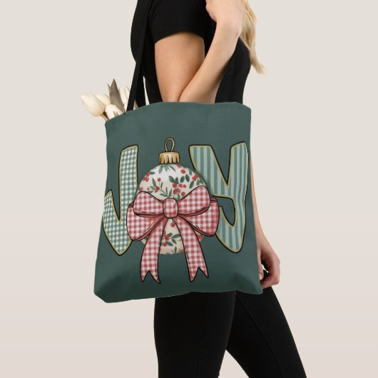 Joy Bow en Ornament Preppy Kerstvakantie Tote Bag (Dichtbij)