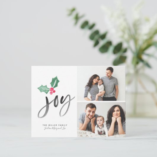 Joy Brush Script Holiday | 2-kerstfoto Aankondigingskaart (Staand voorkant)