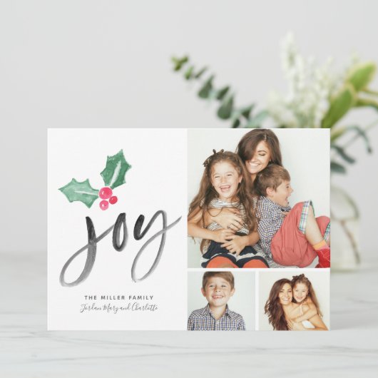 Joy Brush Script Holiday | Kerstmis 3-fotokaart (Staand voorkant)