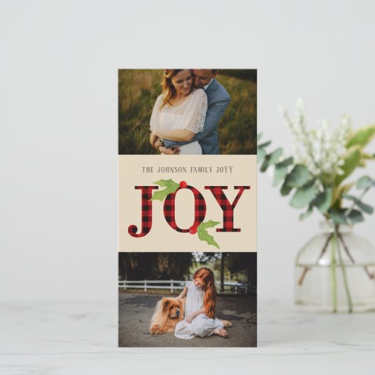 Joy Buffalo Check Rustic kerstmis 2 Foto Feestdagenkaart (Staand voorkant)