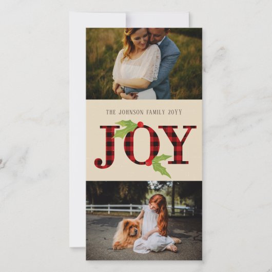 Joy Buffalo Check Rustic kerstmis 2 Foto Feestdagenkaart (Voorkant)