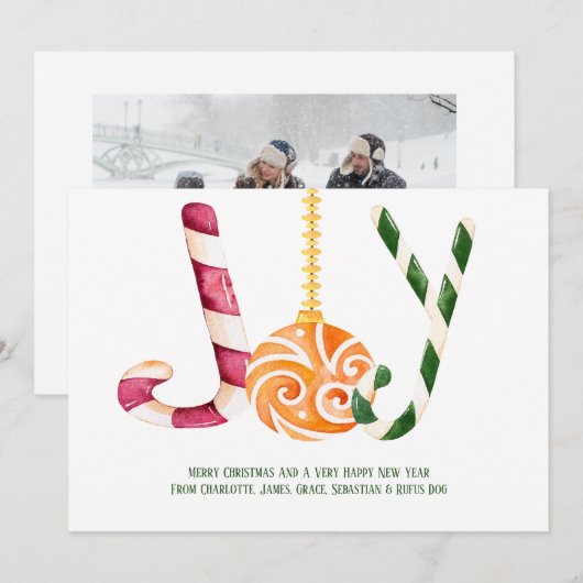 Joy Candy Cane Foto op persoonlijke kerstmis Feestdagenkaart (Voorkant / Achterkant)