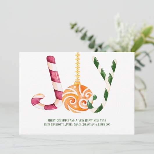 Joy Candy Cane Foto op persoonlijke kerstmis Feestdagenkaart (Staand voorkant)