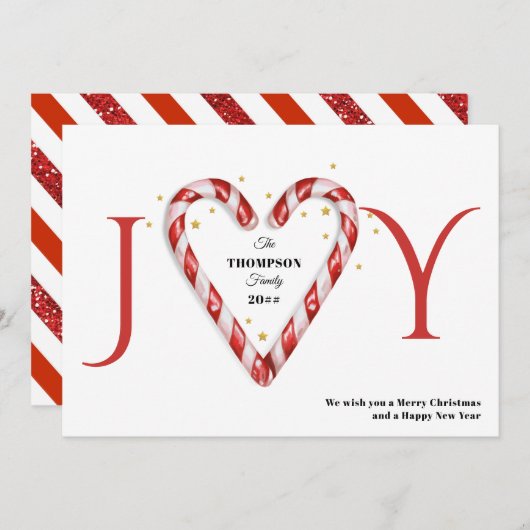 Joy Candy Cane Hart & Sterren Minimalistische Kers Feestdagenkaart (Voorkant / Achterkant)
