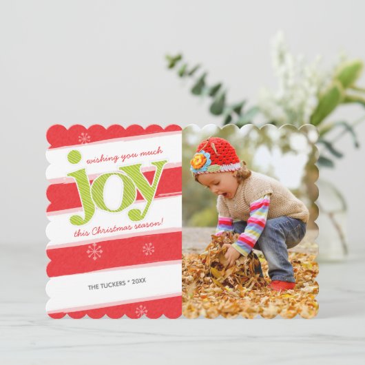 JOY Candy Cane Stripes kerstfoto Red Green Kaart (Staand voorkant)