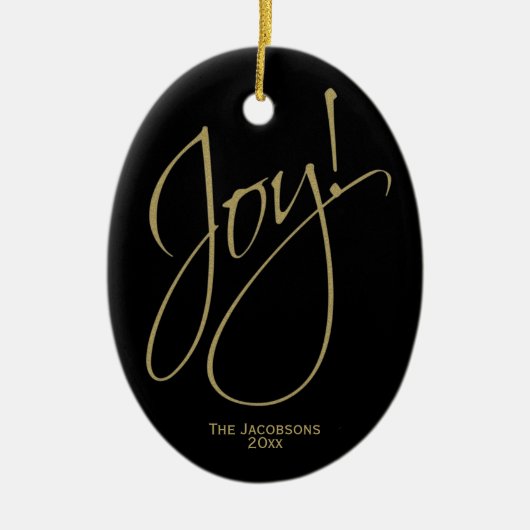Joy! Chic Minimal Black & Gold kerstfoto Keramisch Ornament (Voorkant)
