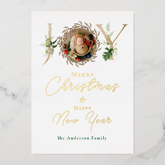 JOY Christmas Baby Foto Tropisch Alfabet Folie Feestdagenkaart (Voorkant)